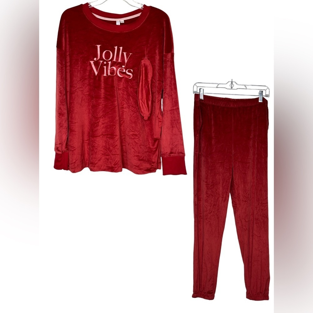 Joyspun Jolly Vibes Red Velour 3- Piece Pajama Set Pockets Medium with Eye Cover